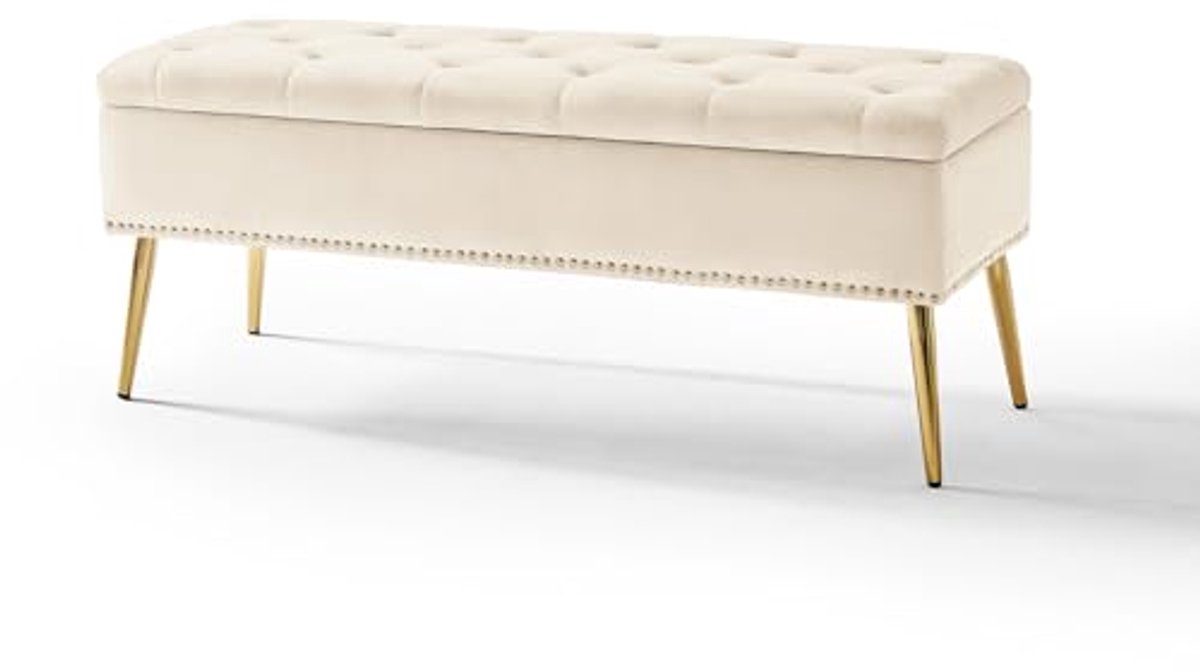 Moderne fluwelen opbergbank met gouden basis en studs