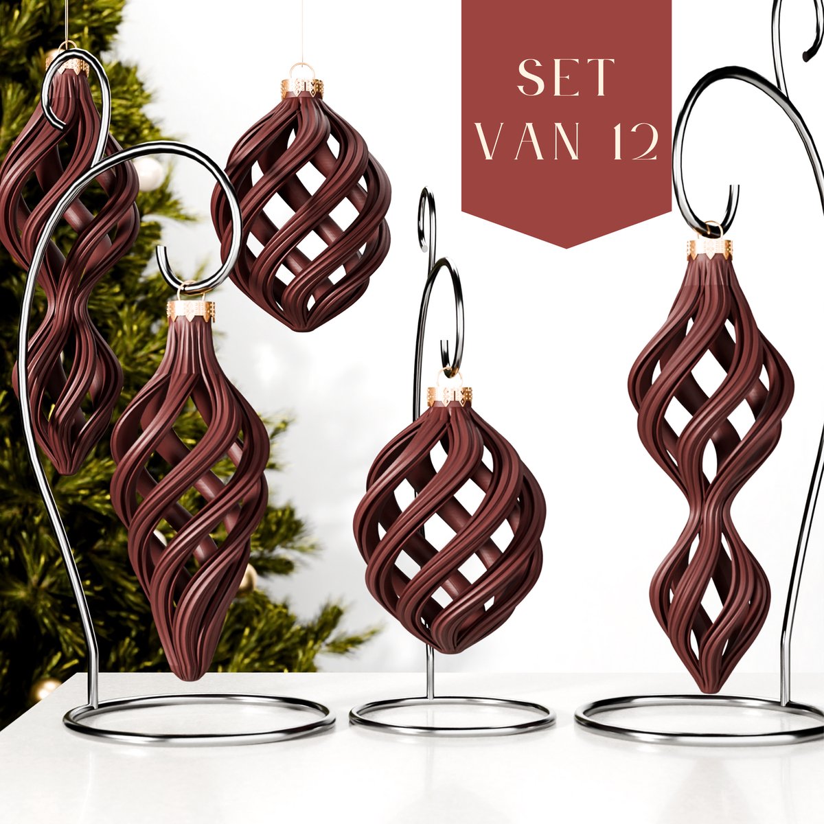 Fleuriek – Luxe Gedraaide Kerstballen – Mat Rood, Set van 12 – Klassieke Kerstornamenten – Onbreekbaar & Herbruikbaar – Warme Kerstdecoratie voor Thuis