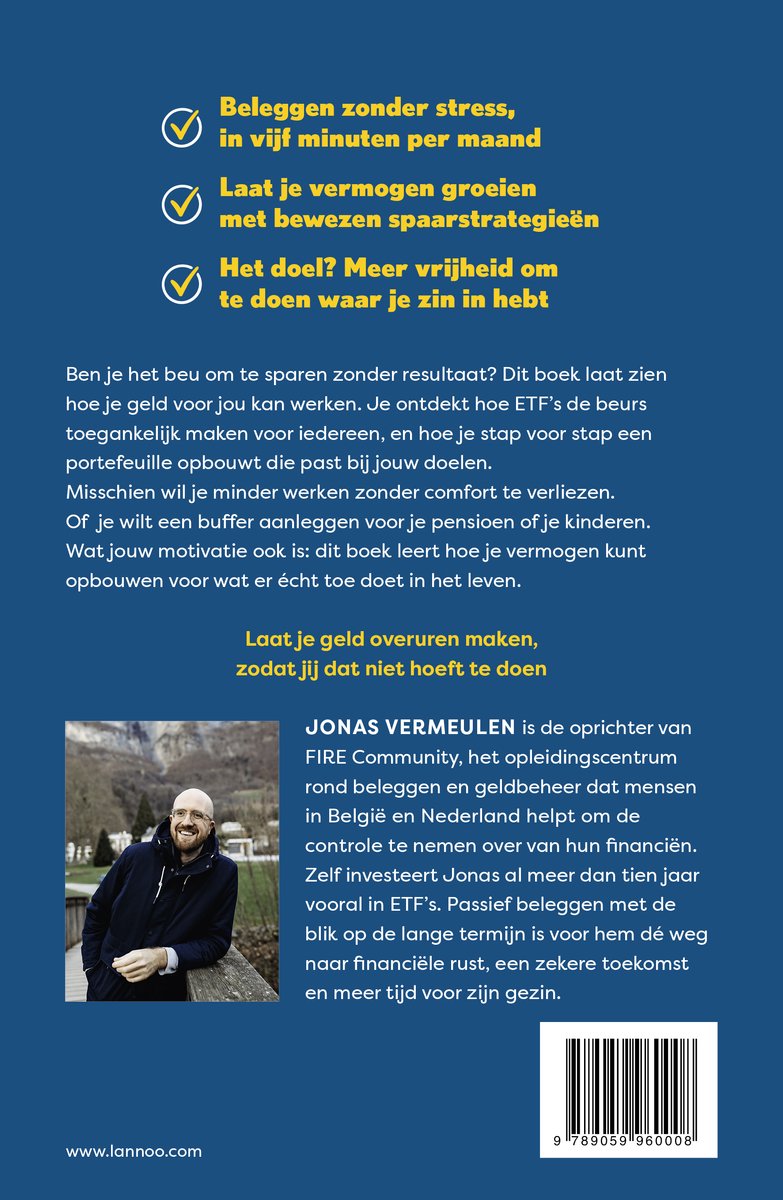 Achterkant van het boek 'Het nieuwe sparen' met tekst, een foto van de auteur Jonas Vermeulen en een streepjescode.