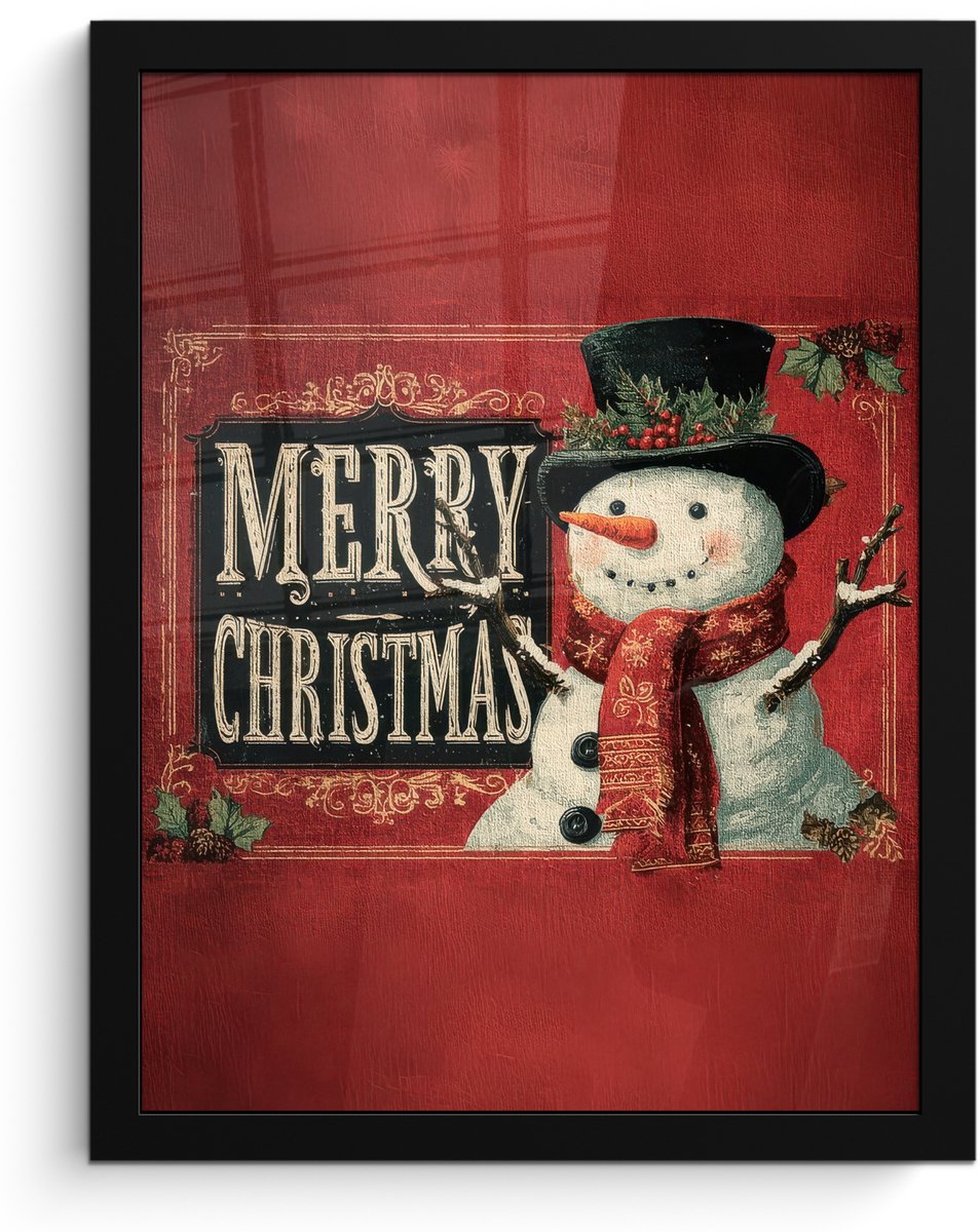 FrameYourWall Poster in lijst - Fotolijst 30x40 cm - Posters - Klassiek - Kerstgroet - Sneeuwpop - Rood - Posterlijst zwart - Decoratie - Wanddecoratie woonkamer - Muurdecoratie slaapkamer - Kerstversiering - Kerstdecoratie voor binnen - Kerstmis