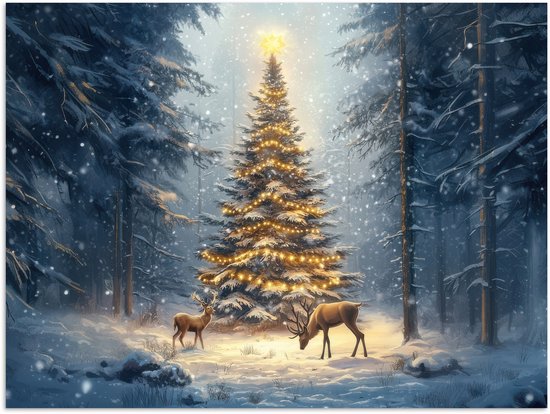 Poster 120x90 cm - Kerstlicht - Woud - Hert - Donker - Posters - Kamer decoratie - Wanddecoratie woonkamer - Muurdecoratie slaapkamer - Kerstversiering - Kerstdecoratie voor binnen - Kerstmis