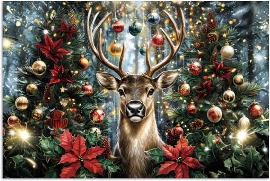 Poster 90x60 cm - Kerstfeest - Dennenbos - Rood - Posters - Kamer decoratie - Wanddecoratie woonkamer - Muurdecoratie slaapkamer - Kerstversiering - Kerstdecoratie voor binnen - Kerstmis