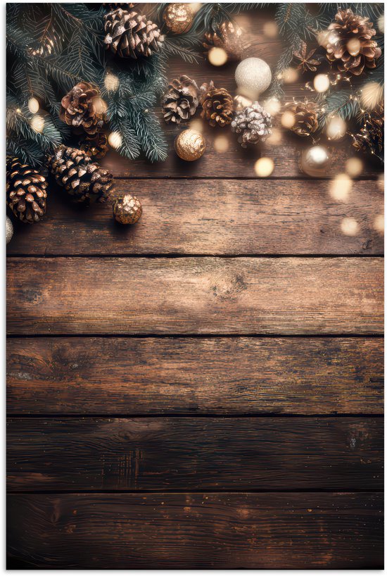 Poster 60x90 cm - Kerstdecoratie - Houten - Dennenappel - Bruin - Posters - Kamer decoratie - Wanddecoratie woonkamer - Muurdecoratie slaapkamer - Kerstversiering - Kerstdecoratie voor binnen - Kerstmis