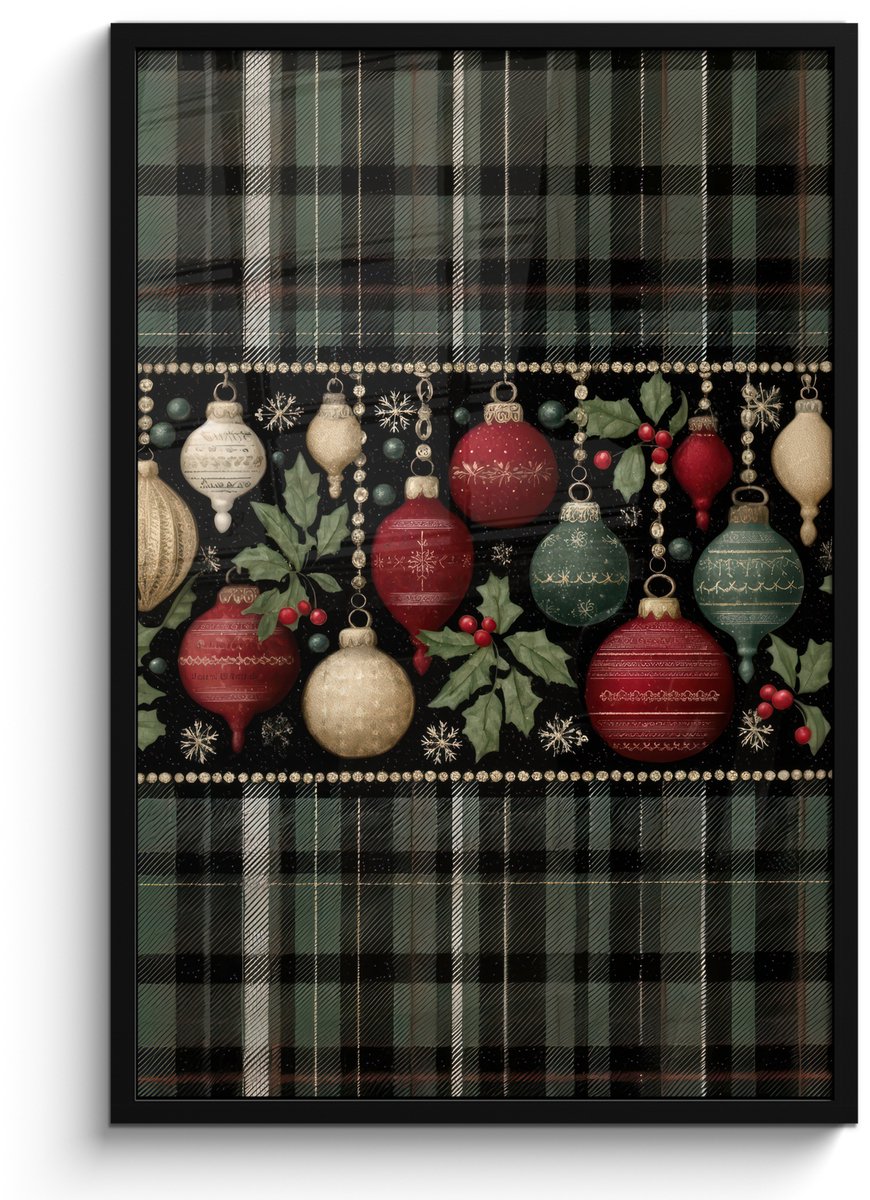 FrameYourWall Poster in lijst - Fotolijst 60x90 cm - Posters - Kerstballen - Rood - Hulsttakken - Patroon - Posterlijst zwart - Decoratie - Wanddecoratie woonkamer - Muurdecoratie slaapkamer - Kerstversiering - Kerstdecoratie voor binnen - Kerstmis