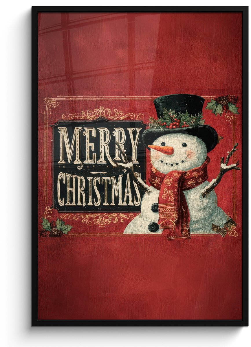 FrameYourWall Poster in lijst - Fotolijst 80x120 cm - Posters - Klassiek - Kerstgroet - Sneeuwpop - Rood - Posterlijst zwart - Decoratie - Wanddecoratie woonkamer - Muurdecoratie slaapkamer - Kerstversiering - Kerstdecoratie voor binnen - Kerstmis