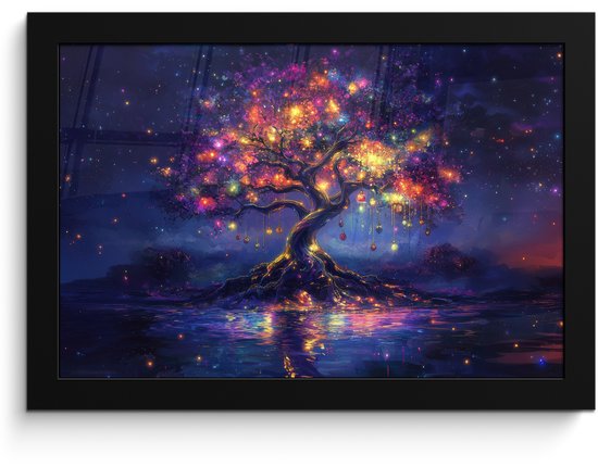 Poster in lijst - Fotolijst 30x20 cm - Posters - Kosmisch - lichtboom - Kerst - Kleurrijk - Posterlijst zwart - Decoratie - Wanddecoratie woonkamer - Muurdecoratie slaapkamer - Kerstversiering - Kerstdecoratie voor binnen - Kerstmis