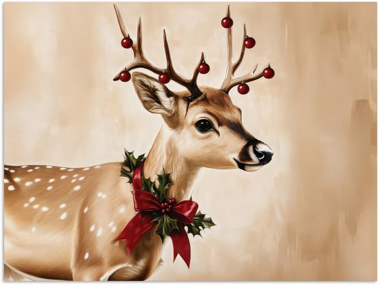 Poster 80x60 cm - Gewei - Kerst - Rendier - Rood - Posters - Kamer decoratie - Wanddecoratie woonkamer - Muurdecoratie slaapkamer - Kerstversiering - Kerstdecoratie voor binnen - Kerstmis