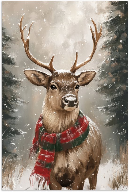 Poster 60x90 cm - Winter - Bos - Rendier - Donker - Posters - Kamer decoratie - Wanddecoratie woonkamer - Muurdecoratie slaapkamer