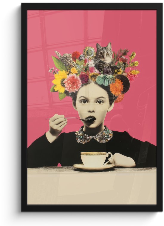 Poster in lijst - Fotolijst 40x60 cm - Posters - Meisje - Kopje - Bloemen - Roze - Posterlijst zwart - Decoratie - Wanddecoratie woonkamer - Muurdecoratie slaapkamer