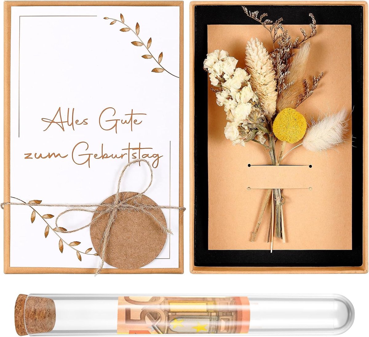 Birthday Geld Cadeauset - Transparante Proefbuis - Verjaardagsgroet met Gedroogde Bloemen - Ronde Hanger en Henneptouw