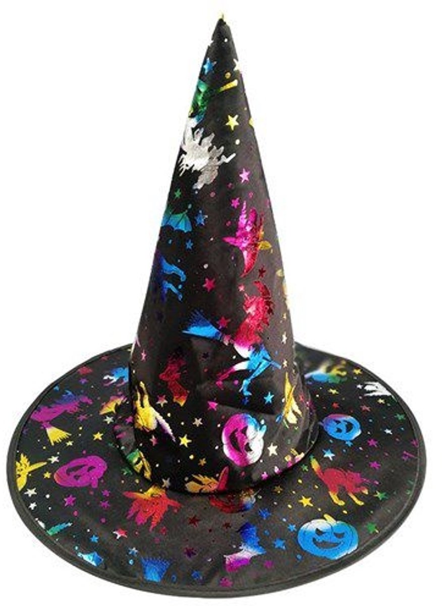 Heksenhoed Kinderen - Heks - Zwart/Multicolor- Halloween Heksenhoed - One Size - Een Stuk - Unisex