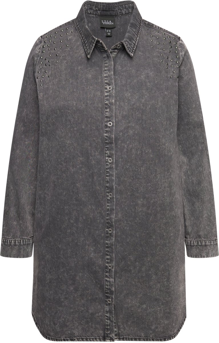 Ulla Popken - Dames - Jeanshemd studs A-lijn overhemdkraag lange mouwen zakken - Donkergrijs denim - Maat 46+