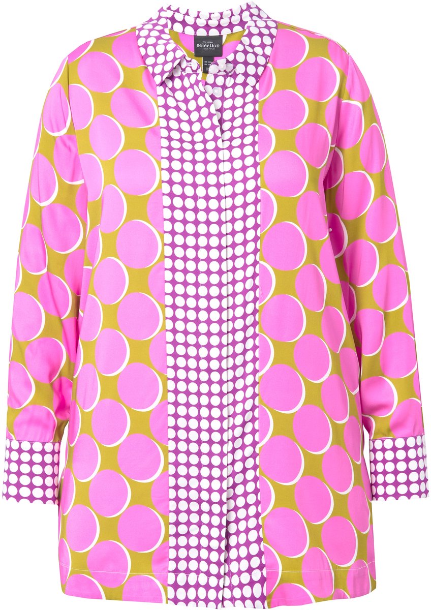 Ulla Popken - Dames - Longblouse van satijn patchdesign overhemdkraag - Donker goud - Maat 46+
