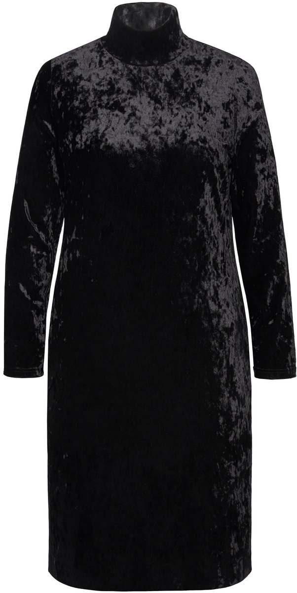 Ulla Popken Dames - fluwelen maxi-jurk slim opstaande kraag lange mouwen - Zwart - Maat 46+