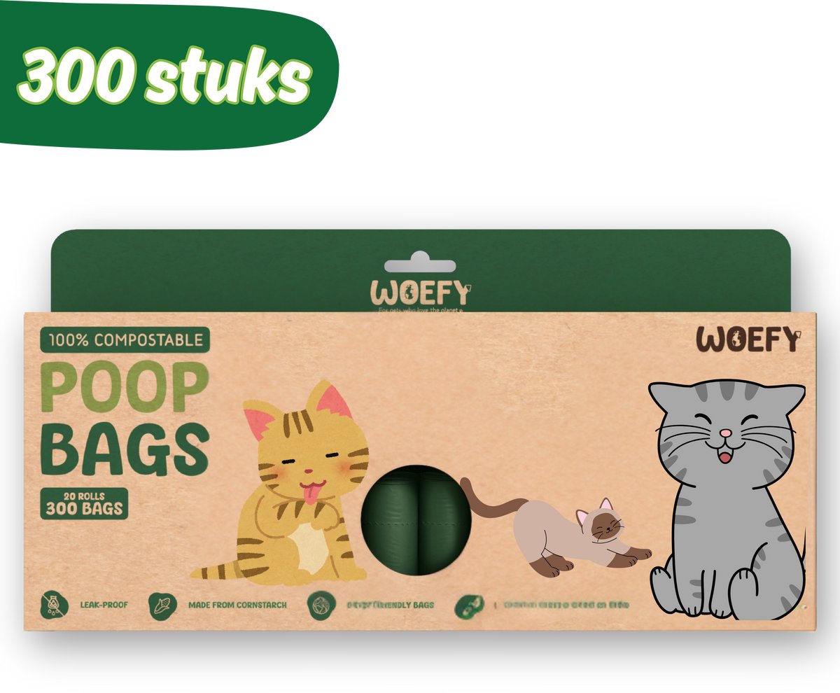Woefy Kattenbak Zakken 300 Zakken - 20 Rol - Extra Sterk - Kattengritzakjes - Kat - Duurzaam - Biologisch Afbreekbaar