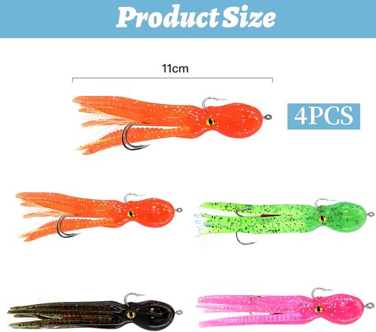 4 stuks - Octopus Soft Bait - Octopus Fishing Lure - Soft Fishing Lure Lead Head Hook Set - Zacht gesimuleerd inktvisvisaas - Met haak - Roze, Groen, Oranje, Zwart - 11 cm - Geschikt voor visliefhebbers, buiten van Merkloos — afbeelding 2
