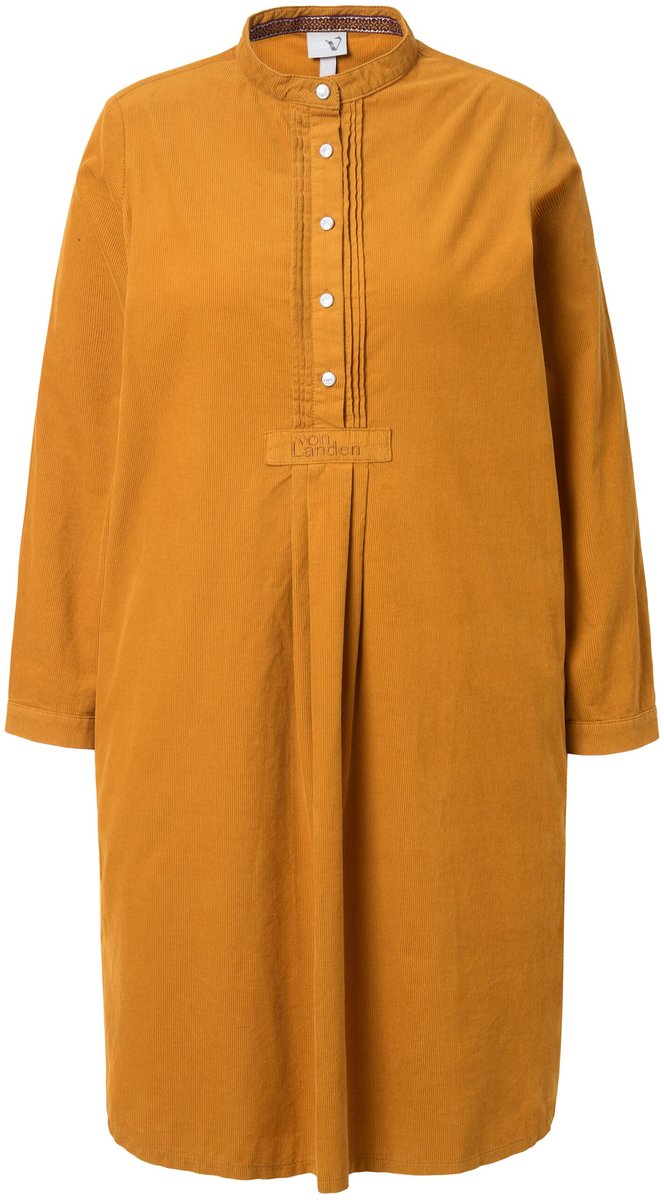 Ulla Popken - Dames - Corduroy jurk opstaande kraag plooien decoratieve plooien - Goudbruin - Maat 48