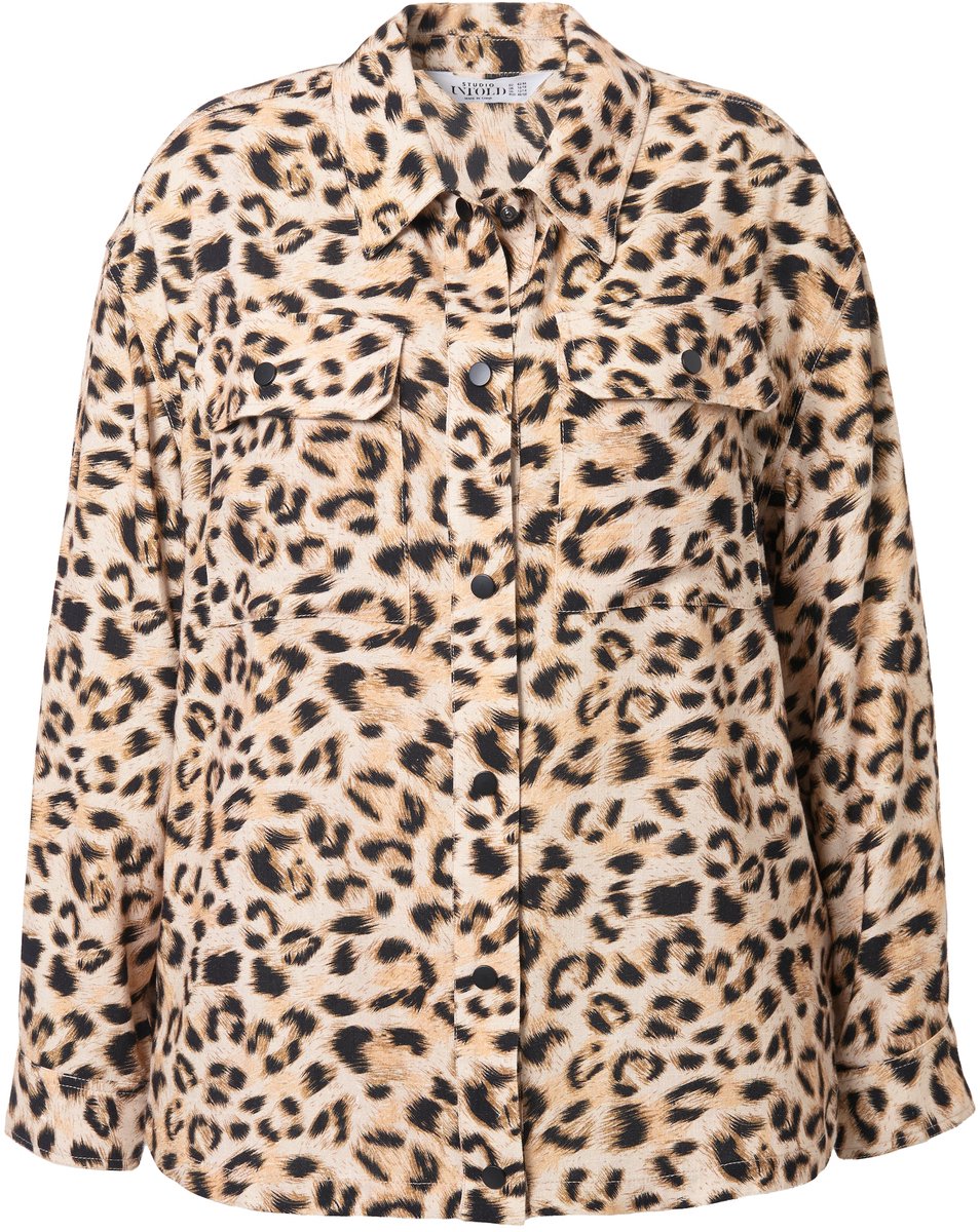 Studio Untold - Dames - Overhemdjack boxy shape linnenmix luipaardprint - Beige - Maat 42+