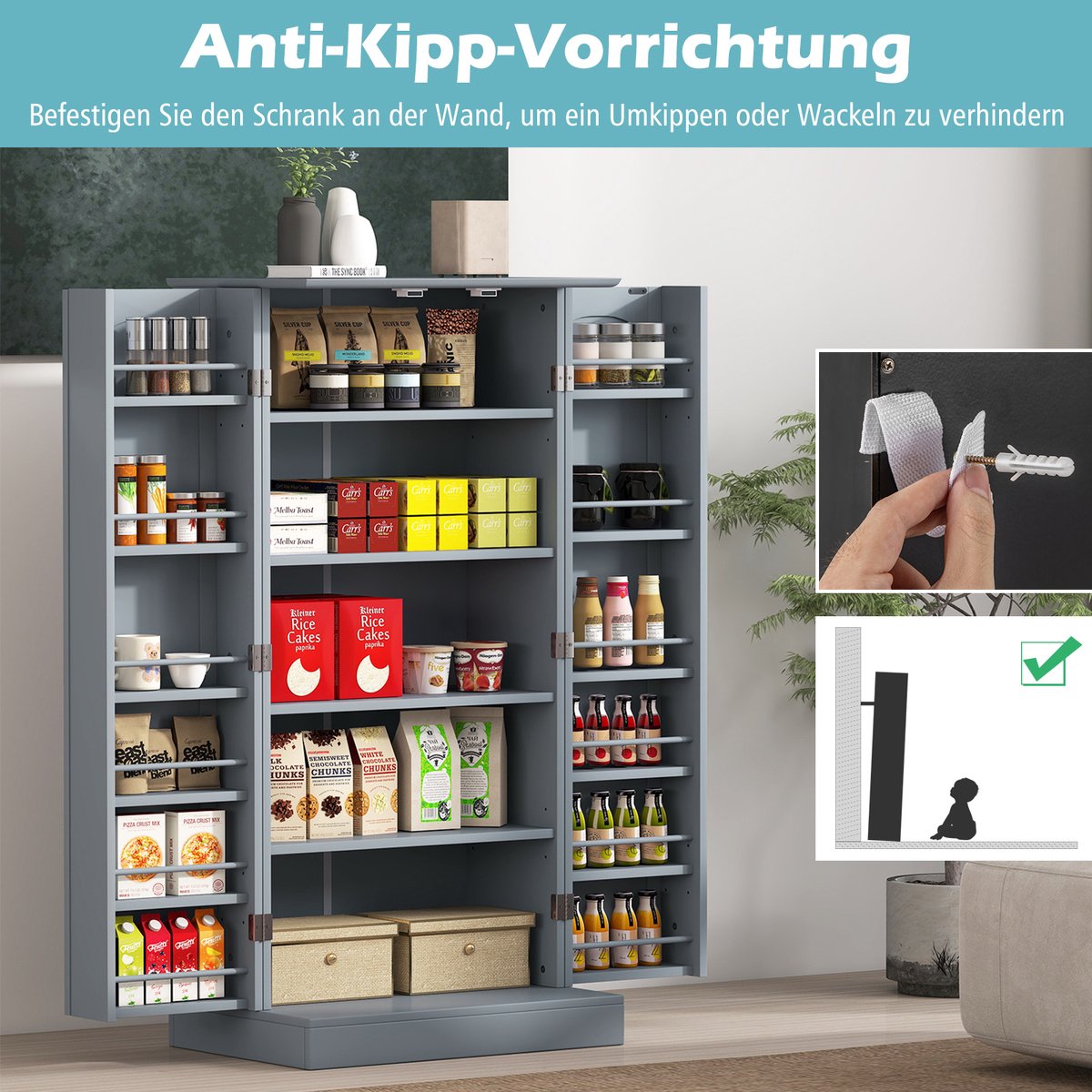 COSTWAY Keukenkast, opbergkast, opbergkast met 2 deuren en 6 verstelbare planken, multifunctionele kast voor keuken, woonkamer, eetkamer, 60 x 40 x 120 cm (grijs) — cadeau in Cadeau-ideeën - foto 8