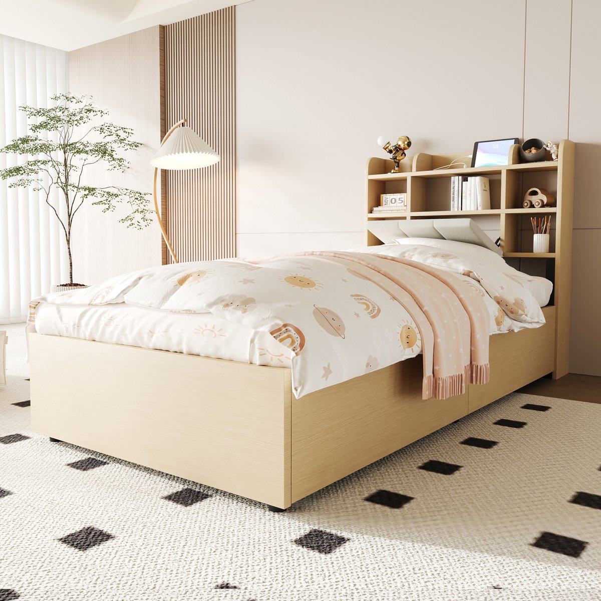 Singularity Houten bed 90 x 200 cm- hydraulisch bed- hoofdeinde met opbergruimte- voorzien van USB- en Type-C-aansluiting- eenpersoonsbed- jeugdbed- houtkleur (zonder matras) Natuurlijk hout