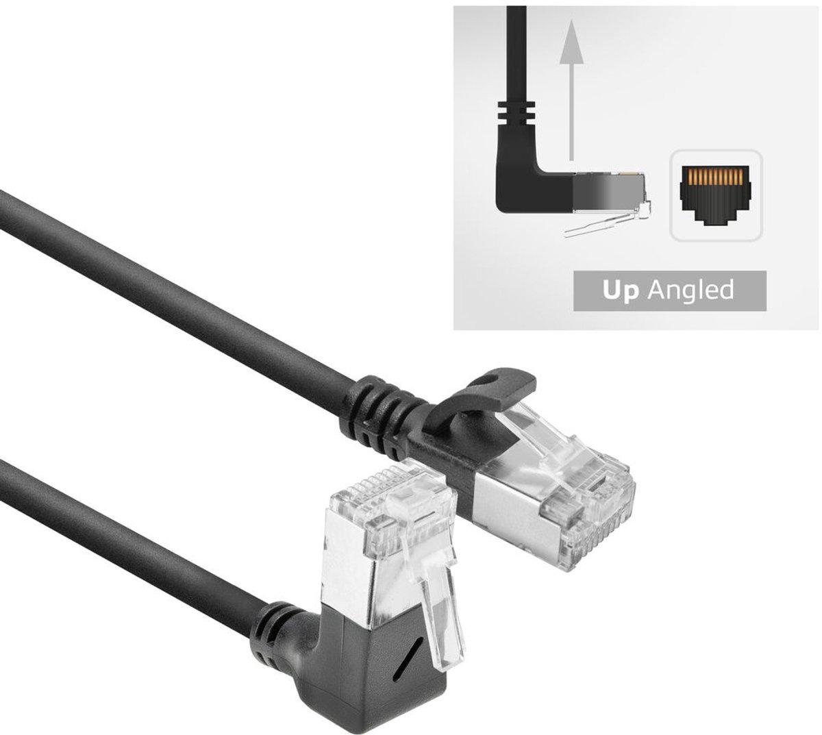 ACT Zwarte 0.15 m U/FTP CAT6A LSZH Slimline patchkabel met RJ45 connectoren recht naar 90° haaks boven DA4930