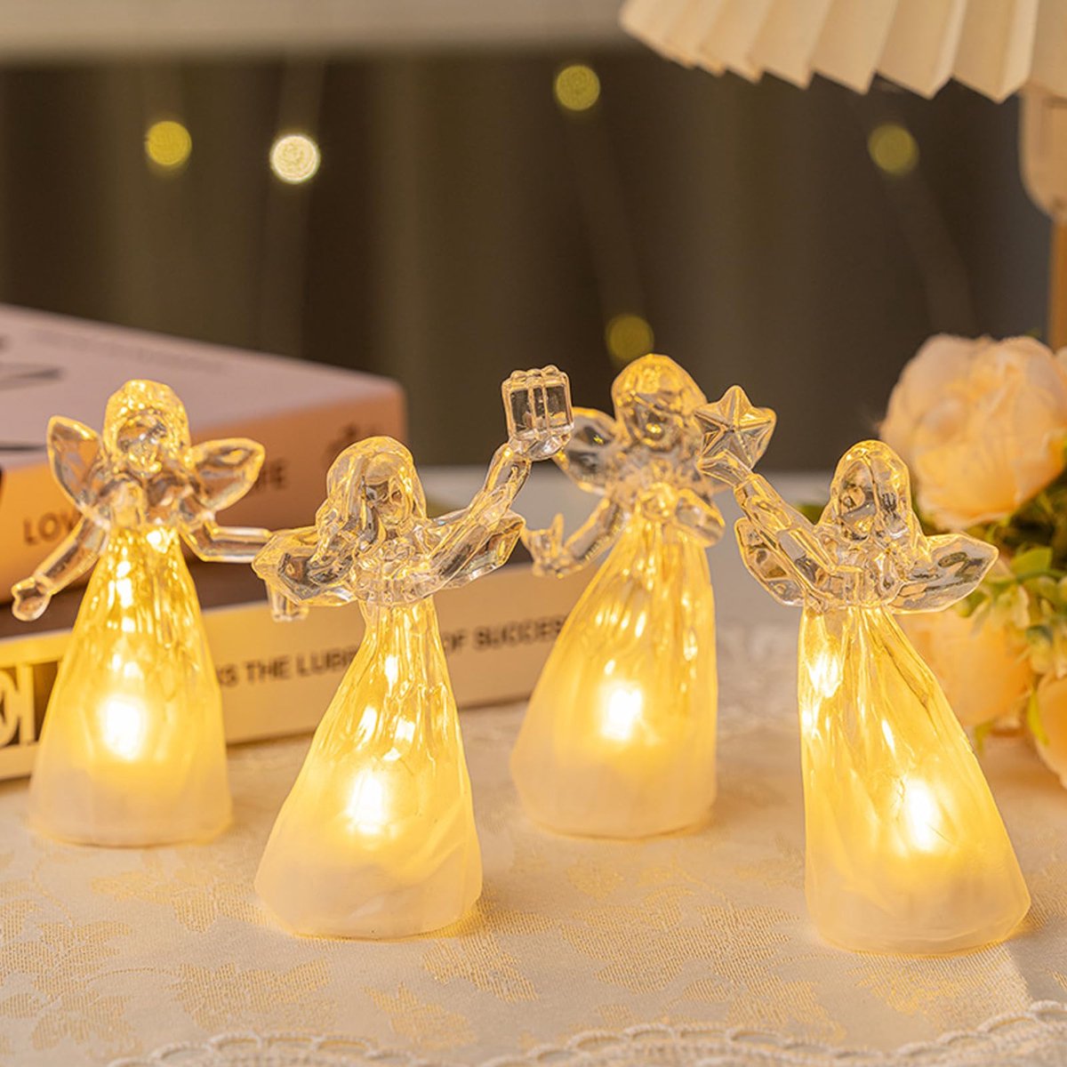 Azomor® Set van vier decoratieve engelfiguren met warm LED-licht voor kerstversiering