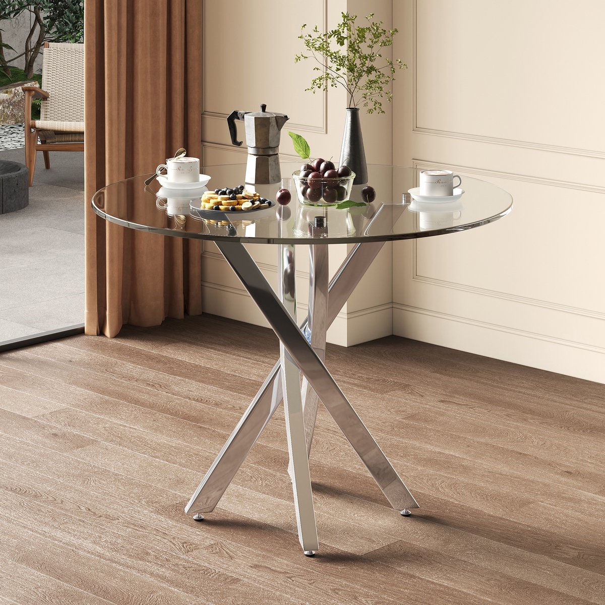 Sweiko Ronde Eettafel - 80 x 80 x 75 cm - Glazen blad - Gegalvaniseerde poten - Minimalistische stijl - Zilver
