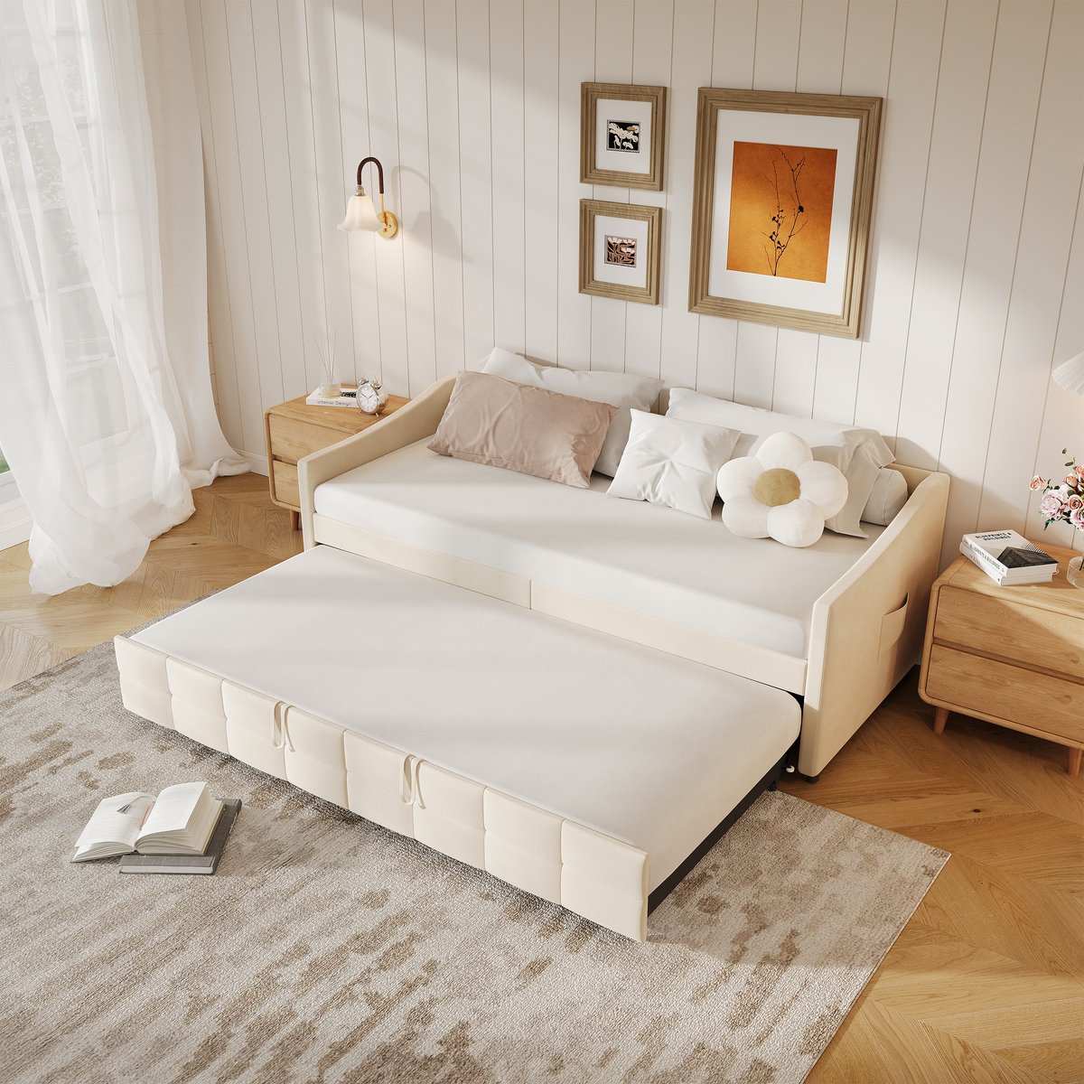 Slaapbank 90/180x200 cm – Ombouwbaar tot 2-persoonsbed, Hydraulisch Mechanisme & Zijzak, Beige Fluweel, Ideaal voor Woonkamer & Gastenkamer (Zonder Matras)