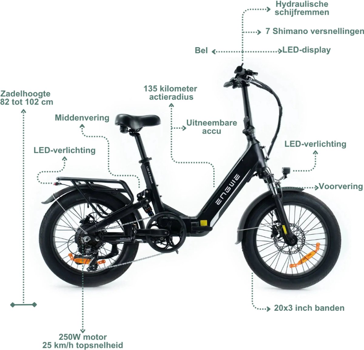 ENGWE L20 3.0 Boost Elektrische Vouwfiets - E-bike - 20 Inch - 250W Motor - 7 Versnellingen - 135 km Actieradius - Hydraulische Schijfremmen - Zwart - afbeelding 2