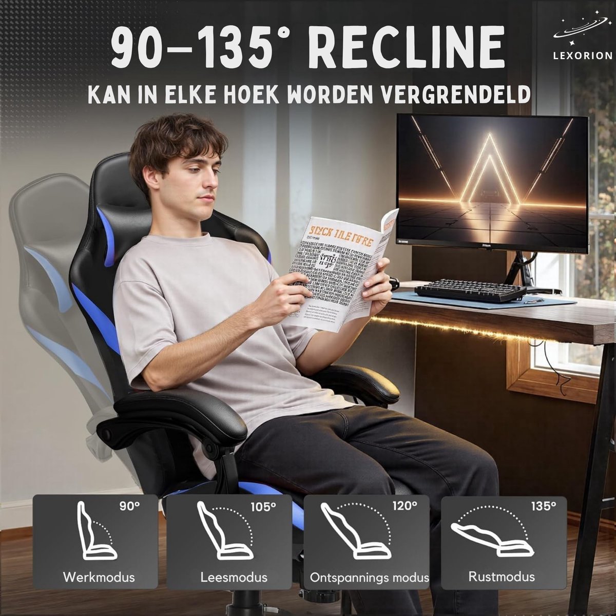 Lexorion Gaming Stoel – Ergonomische Gaming Chair – Inclusief Gratis RGB Gamingmuis Cadeau – Verstelbaar – Lederen Gamestoel – 136 kg – Blauw – Bureaustoel – foto 5