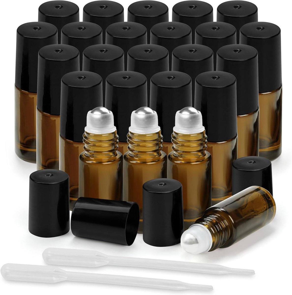 Allecto plus - Set van 24 Amberkleurige Glazen Rollerflessen 3ml - Navulbaar met Roestvrij