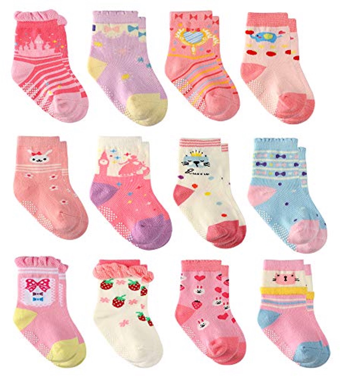 Image of 12 Paar Antislip Katoenen Sokken voor Baby Meisjes - Comfortabele en Kleurrijke Peutersokjes