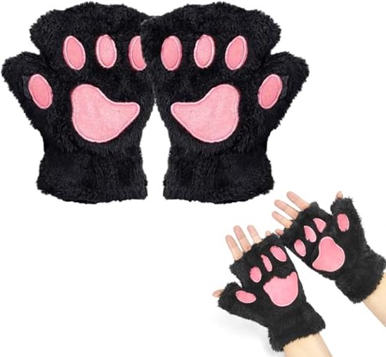 LINGJIONG Kat Paw Handschoenen Vingerloze Faux Fur Pluche Handschoenen Wanten Winter Warm Half Vinger Handschoenen Leuke Kat Poot Cosplay Handschoenen Fuzzy Pluche Handschoenen Voor Vrouwen Meisjes
