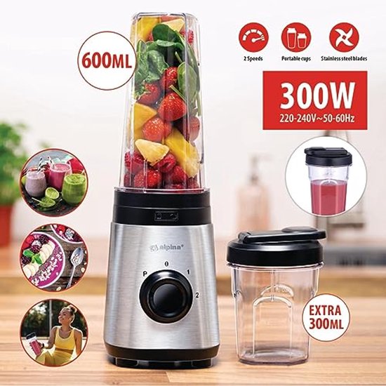 Krachtige Smoothie Maker met 300W Vermogen en 2 Snelheden - Inclusief 300ml en 600ml Bekers — afbeelding 2