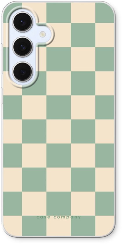 Een telefoonhoesje met een mintgroen en crème geblokt patroon.