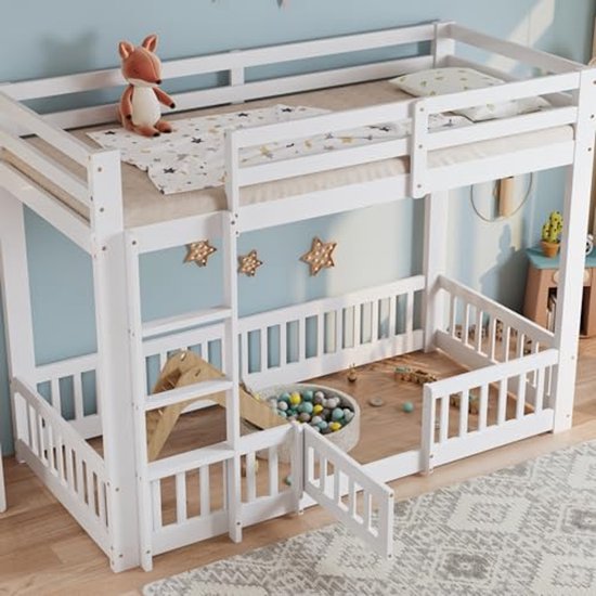 Idemon Eensize houten driepersoons stapelbed voor kinderen, grijs (90 x 200 cm