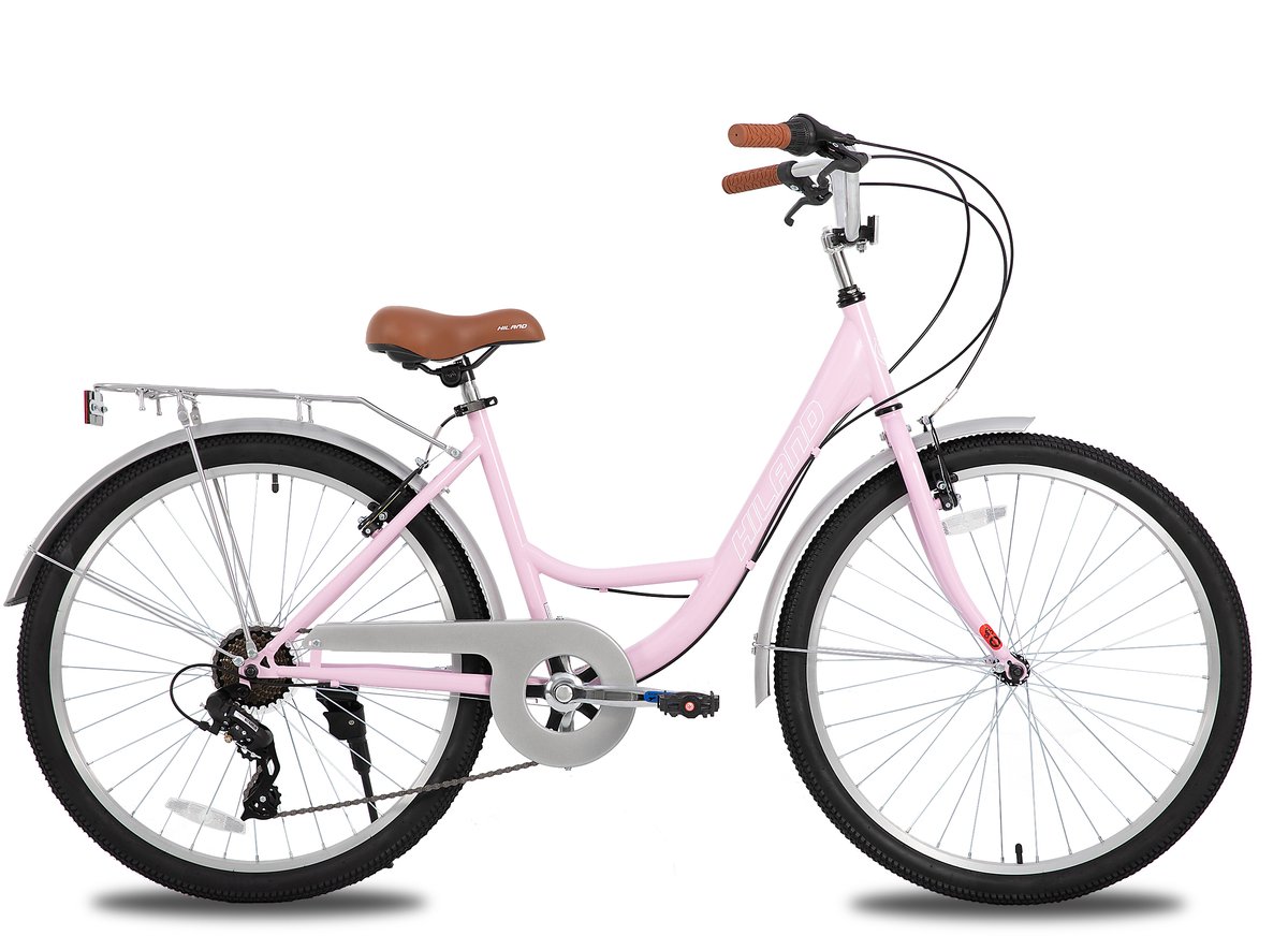 Hiland Flare Commuter Stadsfiets voor Dames - 26 Inch - 7 Versnellingen - Handrem - Standaard - Roze - Geschikt voor buitenactiviteiten in de lente
