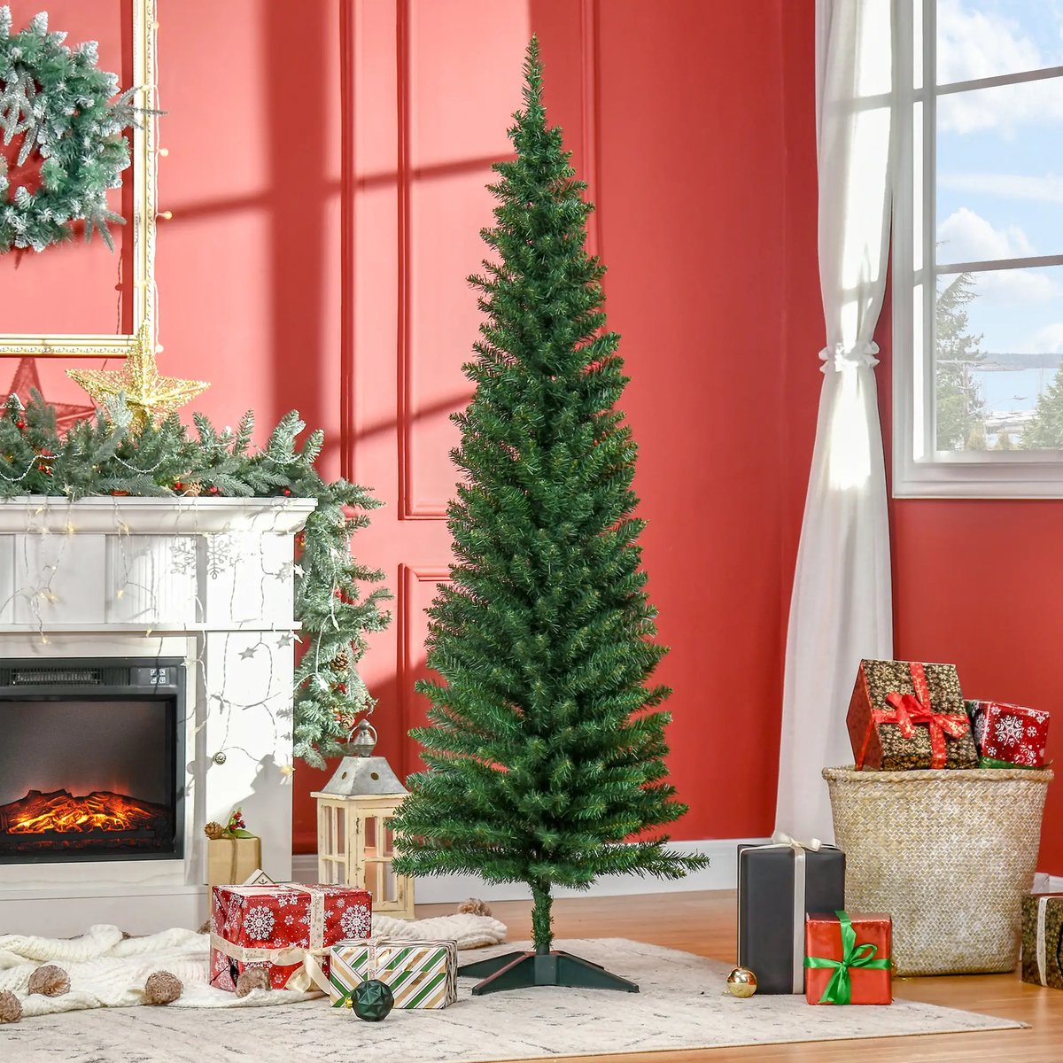 Pugsdrly Kerstboom kunstmatige kunstmatige dennenboom kerstboom, incl. standaard kerstster 1,8 m, groen