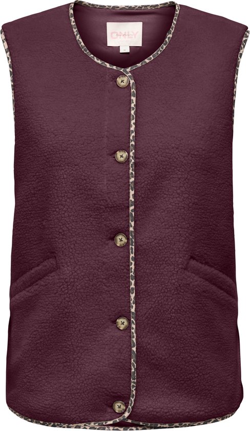 Bordeauxrode teddy gilet met knoopsluiting, panterprint bies en twee steekzakken.