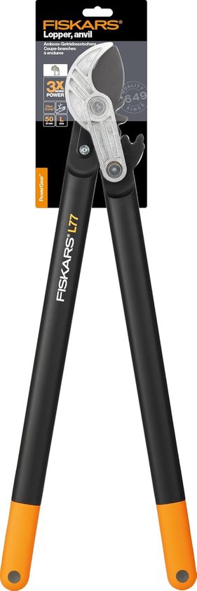 Verpakking van de Fiskars PowerGear L77 takkenschaar met specificaties.