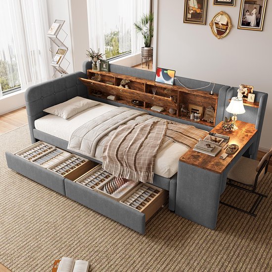 Foto: Gestoffeerd bed 140x200 cm met led en usb hydraulisch tweepersoonsbed met lattenbodem en hoofdeinde opbergruimte opbergbed zonder matras grijs linnen