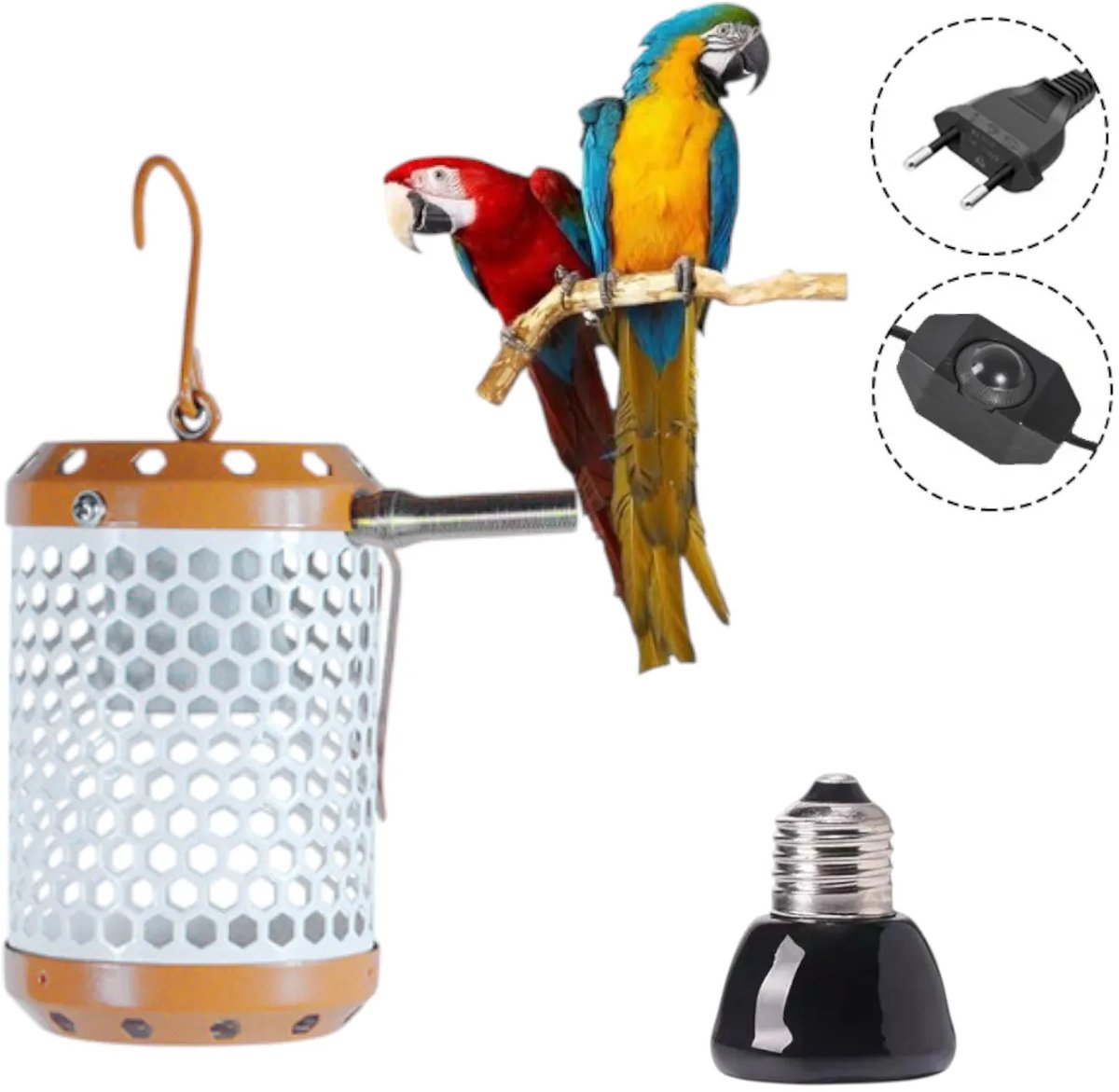 Vogelkooiverwarming - Warmtelampen - Papegaaienverwarming - oranje kleur - Instelbare temperatuur - Met 1 75W-lamp - Keramische warmtelamp - Hangende vogelkooiverwarming - Houdt huisdieren de hele winter warm