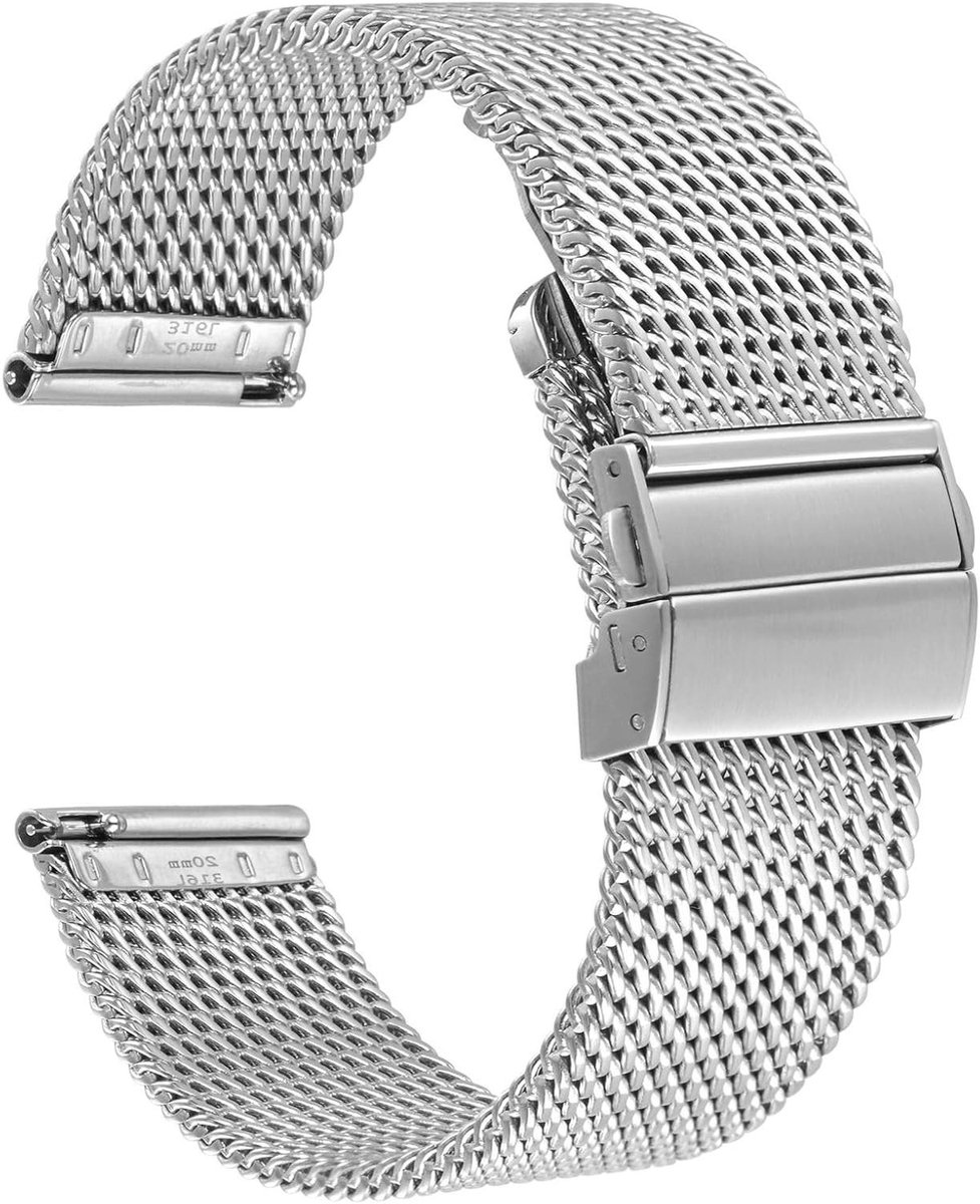 Allecto plus - Metalen horlogebandje met vouwsluiting en snelsluiting - Roestvrijstalen mesh-armband - Reserveband voor dames en heren - Zilver - 22mm - Milanees - 18mm 20mm 22mm