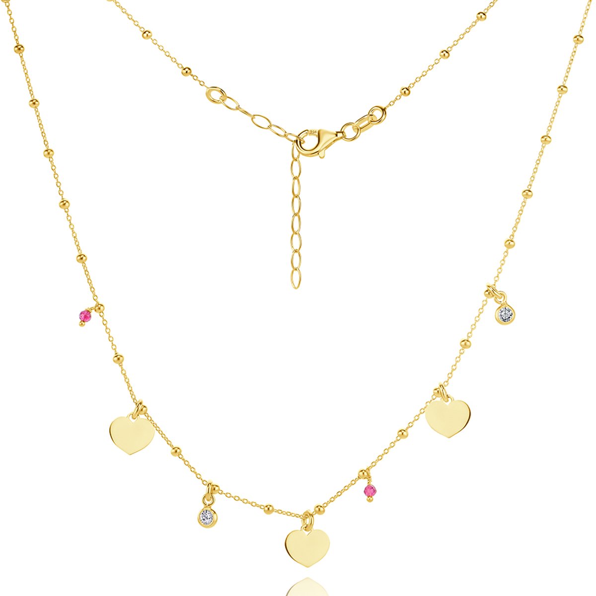 Miore Ketting Dames - met Hartjes - 925 Zilver- 18 Karaat Verguld - Handgemaakte Halsketting - 45 cm