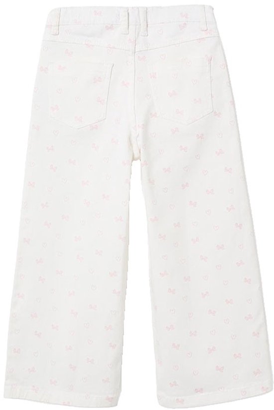 Achterkant van een witte 'Jessie Wide Leg' broek met roze strikjes en hartjes print.