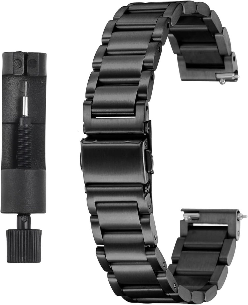 Allecto plus - Horlogebandje van 14 mm van roestvrij staal met metalen vlindersluiting en snelsluiting - Reserveketting met zwarte adapter - Armband上