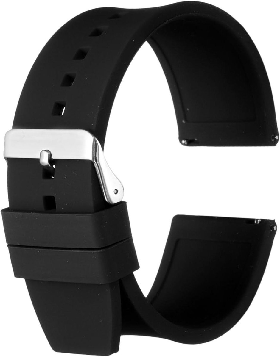 Allecto plus - Siliconen horlogeband 28 mm Snelwissel Flexibel zacht rubberen bandje met zilveren sluiting - Zwart - Reservearmband - Heren en Dames - Geen edelsteen - Horloge accessoire