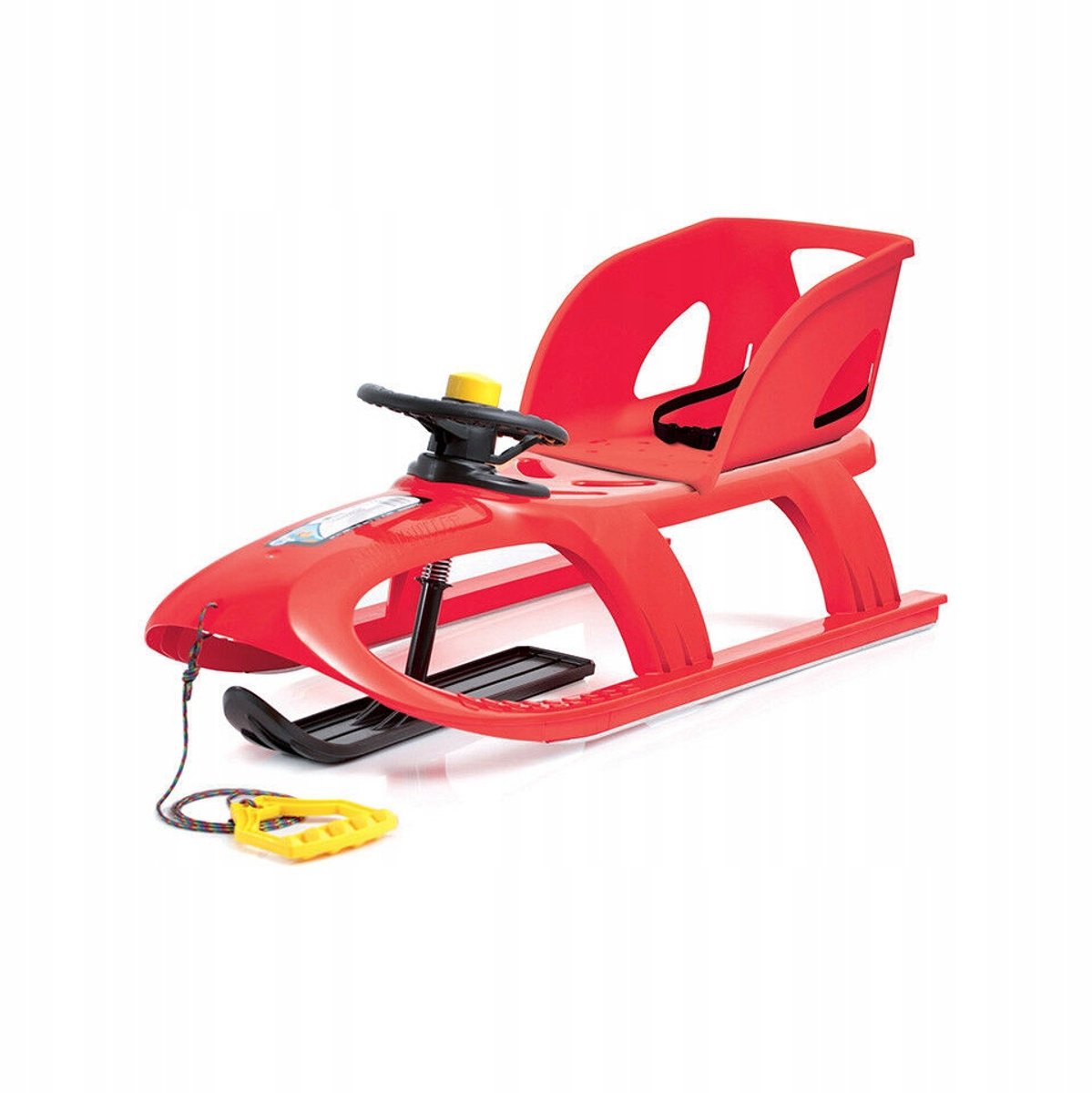 Rode slee met rugleuning, stuur, ski en claxon