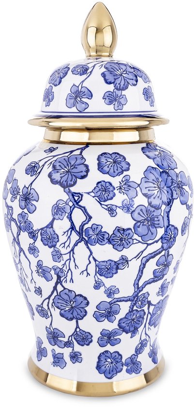 Keramische vaas met deksel, blauwe bloemenprint en gouden accenten.