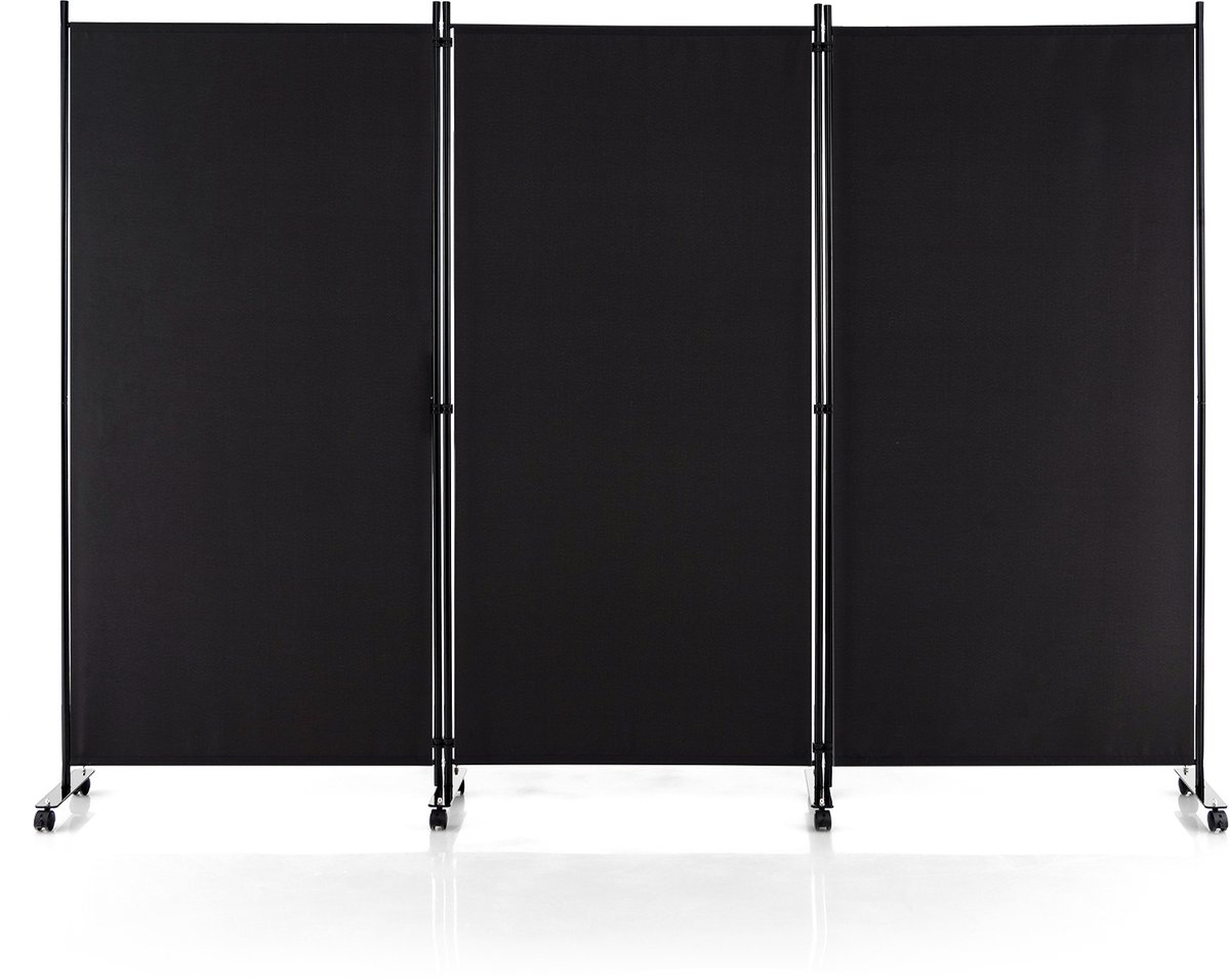 Costway 3-Paneels Kamerscherm Op Wielen, Privacyschermen 180 cm, Scheidingswanden voor Thuis, Kantoor, Woonkamer, Draagbare Vrijstaande Stoffen Scheidingswand (Zwart)